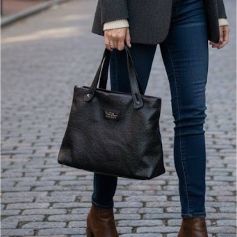 Nicole Miller Pebbled Leather Black Satchel /Small Tote EUC